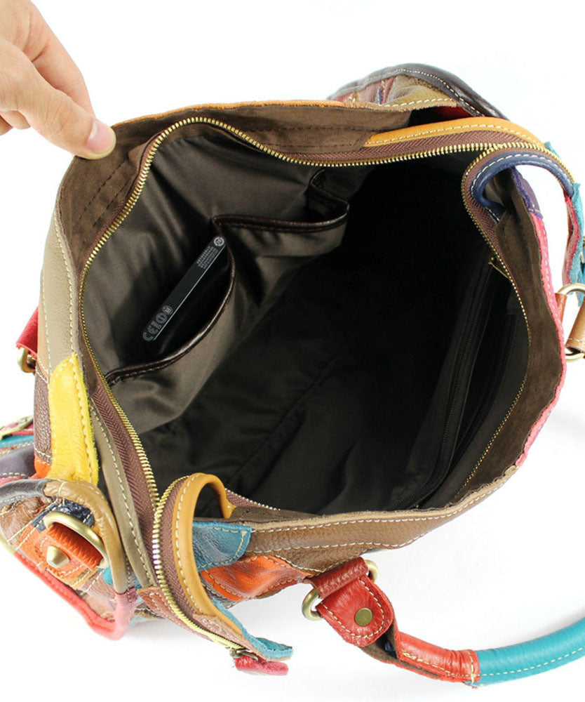 Gravina - Elegant patchwork calfskin tote bag with zipper and colorblock studs